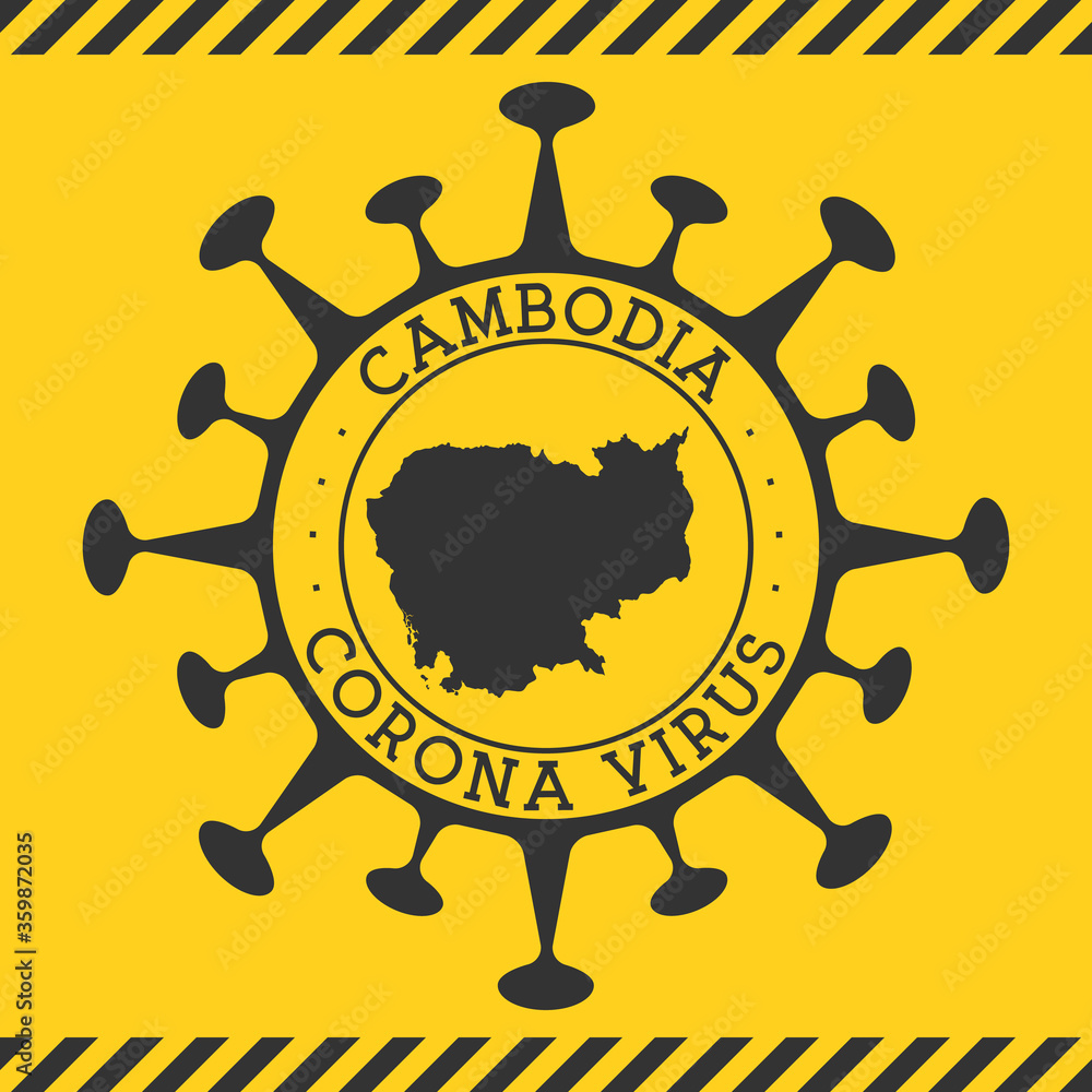 Corona virus in Cambodia sign. Round badge with shape of virus and Cambodia map. Yellow country epidemy lock down stamp. Vector illustration.