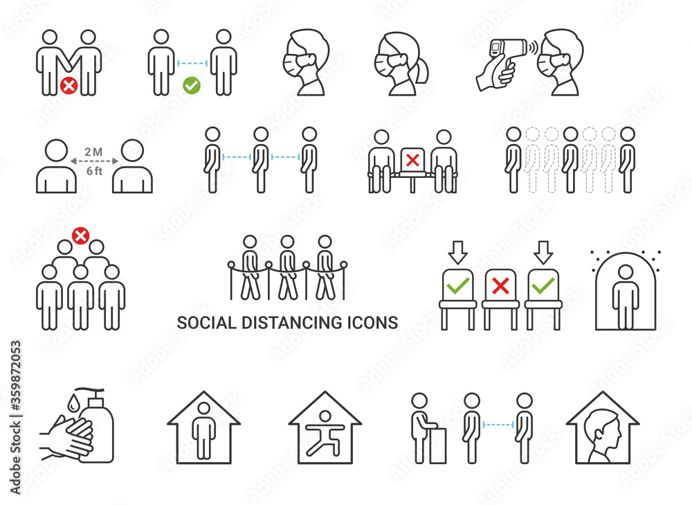Social distancing icons concept vector illustrations.