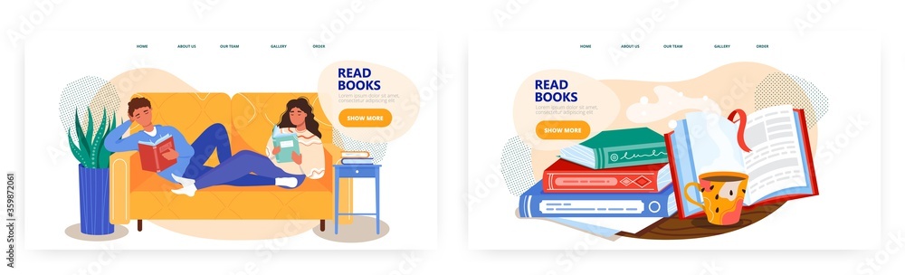 Family couple lying on sofa and reading books. Open book on a table. Knowledge concept illustration. Leisure time at home. Vector web site design template. Landing page website illustration