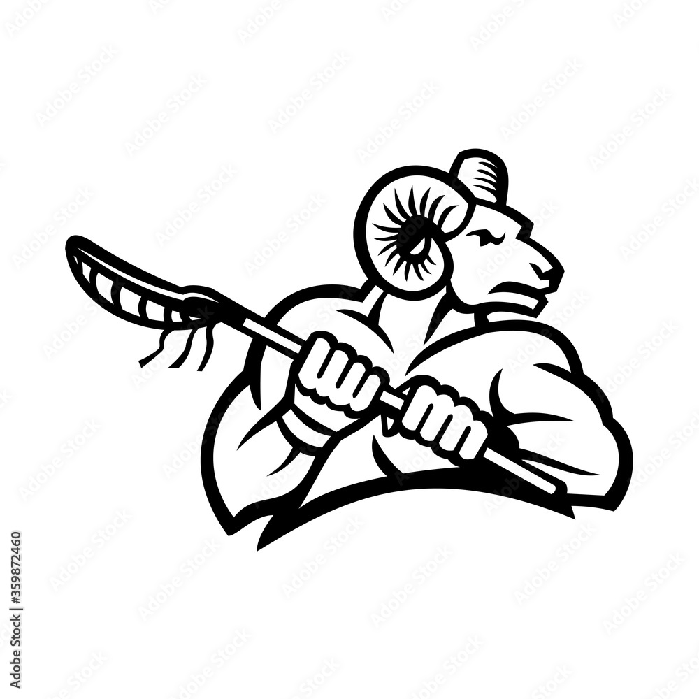 Fototapeta premium Bighorn Ram Mountain Goat or Sheep Holding a Lacrosse Stick Black and White