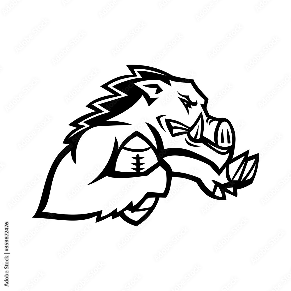 Obraz premium Wild Boar or Razorback With American Football Ball Mascot Black and White