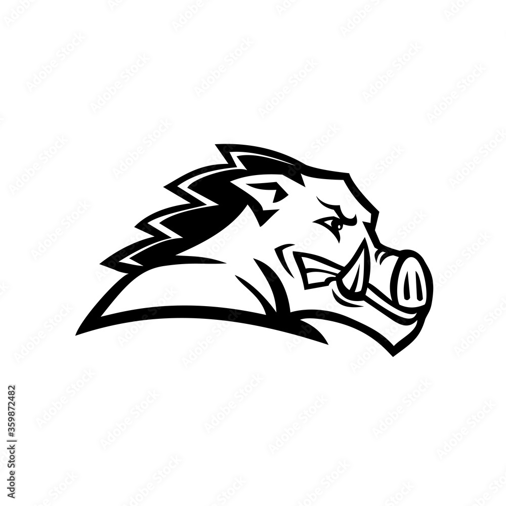 Red Wild Boar or Razorback Head Side View Mascot Black and White