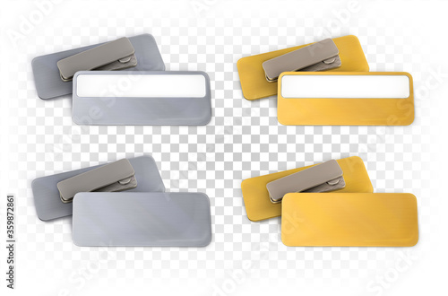 Set of blank metallic gold and silver rectangular badges on a magnet with and without a frame for signature. Corporate, business template, mockup. Vector 3d illustration isolated on white background.
