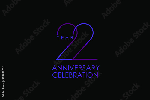 22 years anniversary Elegant purple color minimalist logo years, jubilee, greeting card. Birthday invitation. Gold space vector illustration on black background - Vector