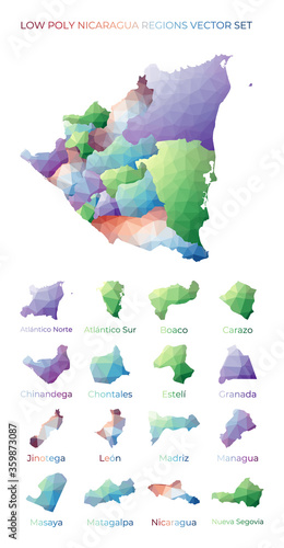 Nicaraguan low poly regions. Polygonal map of Nicaragua with regions. Geometric maps for your design. Creative vector illustration.