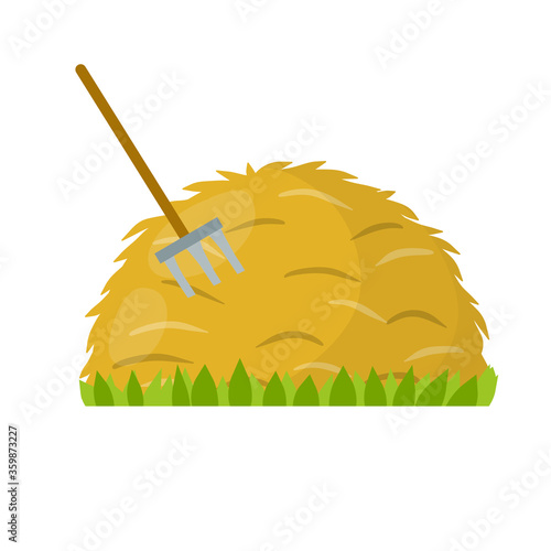 Yellow haystack and hayfork. Cartoon flat illustration. Rustic sheaf. countryside harvest of crop. Organic food and fork. Green grass isolated on white