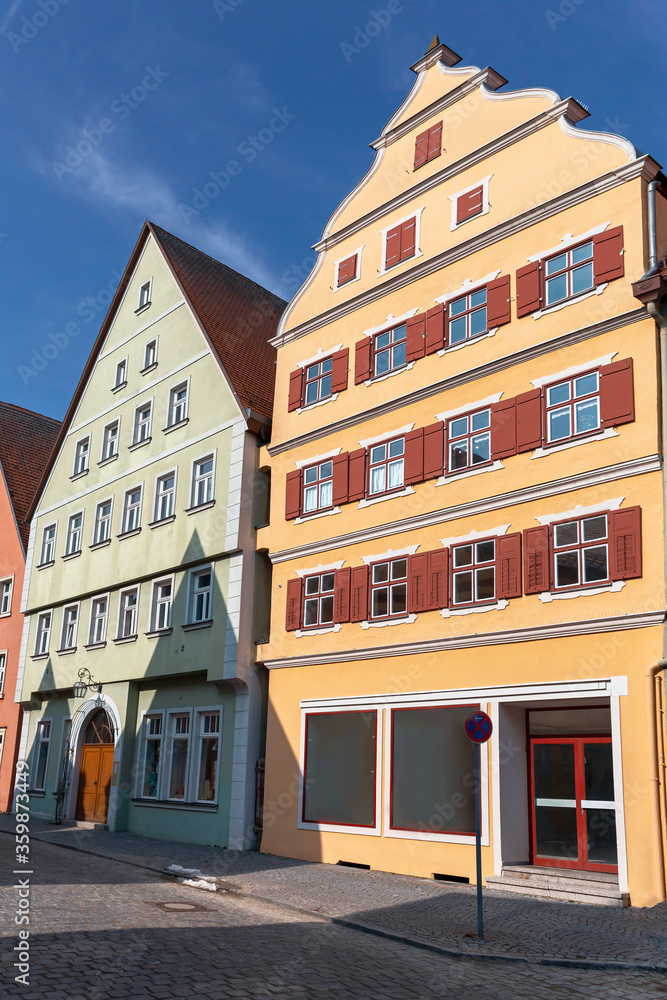 beautiful old buildings in the German city of Harburg against a blue sky