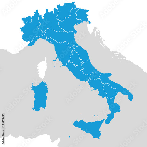 The detailed vector map of the Italy with regions, islands and parts of neighboring countries.