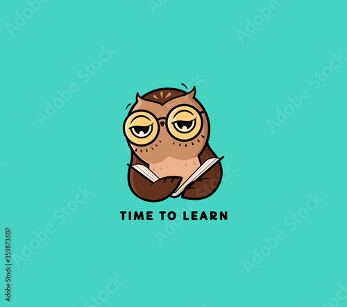 The logo Owl reads Book. Funny cartoon character for online school  university  courses. 