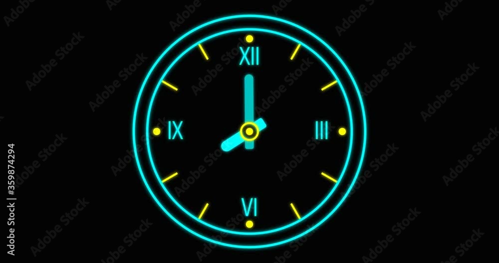 Animation of appearance, rotation of roman neon clock from 8 a.m. to 6 p.m and disappearance Animation of appearance, rotation of roman neon clock from 8 a.m. to 6 p.m and disappearance