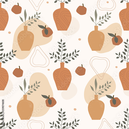 Seamless vector pattern. Elegant vases with tropical plants, fruits, abstract shapes, ornaments. Textures on the objects. Minimalistic terracotta background, abstract art print.  Boho style still life
