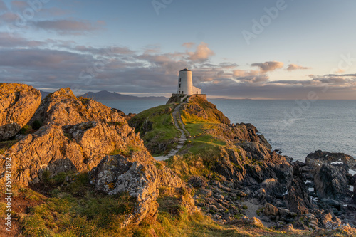 Llandwyn island Lighthouse ( Twr Mawr) Anglesey Nroth Wales looking out to the Irish Sea. 