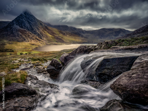 Snowdonia North Wales mountains and Waterfalls. Tryfan mountain in the Ogwen Valley  view from the waterfalls looking back to Ogwen Lake. 