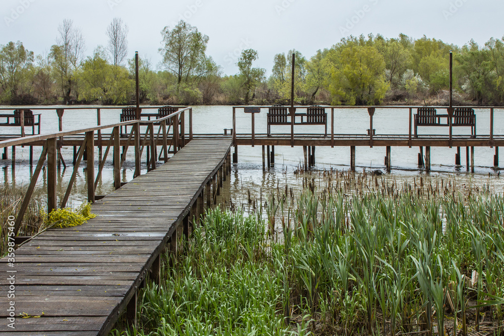 Naklejka premium Wooden pier on the Danube in Vylkove. Ukraine