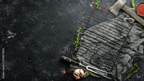 Culinary banner background with spices and herbs. Top view. Rustic style.