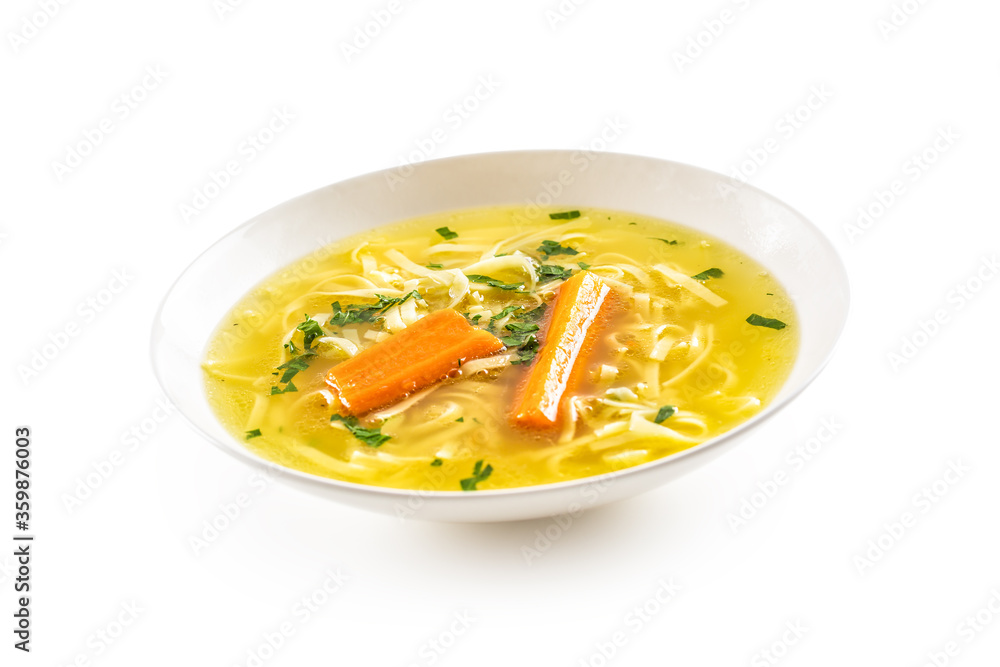 Chicken duck turkey or beef soup with homemade noodles carrot and celery herbs in white plate isolated on white Chicken duck turkey or beef soup with homemade noodles carrot and celery herbs in white plate isolated on white