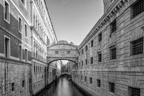 Bridge of sighs in Venice, finae art black and white photograph of the bridge and canal.