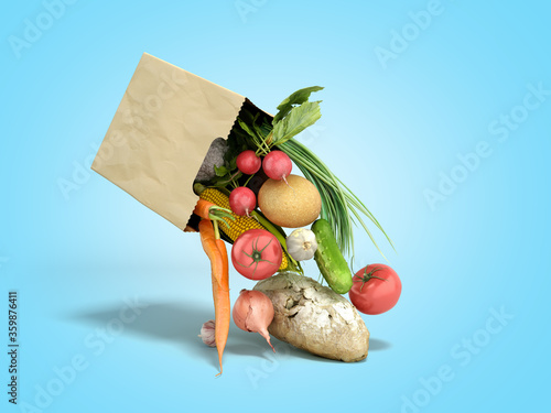 fresh food falls out of a paper bag for products 3d render on blue gradient
