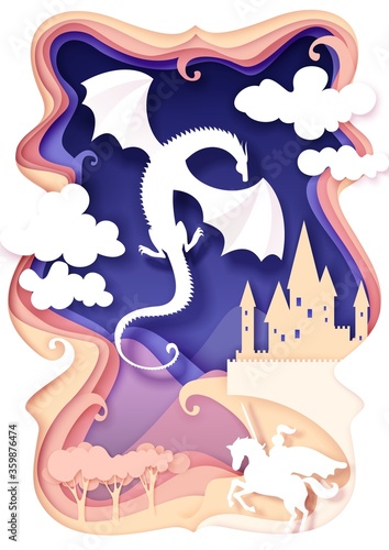 Vector layered paper cut style fairytale composition. Brave knight with sword on horseback fighting dragon next to medieval castle. Beautiful fairytale scene in blue and pastel colors.