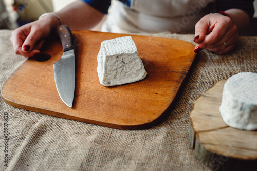 Valencay cheese on a wooden the board. French goat's milk cheese is covered with blue moldy crust. cheese composition. Place for text. photo