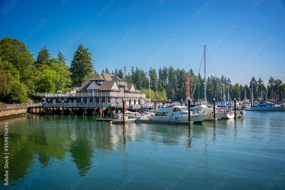 Sailboats in the marina of the rowing club in Stanley park, Vancouver, British Columbia, Canada