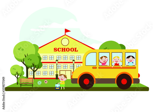 school with children and bus, vector illustration
