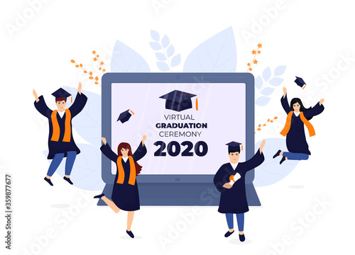 Virtual online graduation ceremony on a laptop monitor during coronavirus quarantine. Tiny graduates in gowns and mortarboards celebrate completion of studies. Class of 2020
