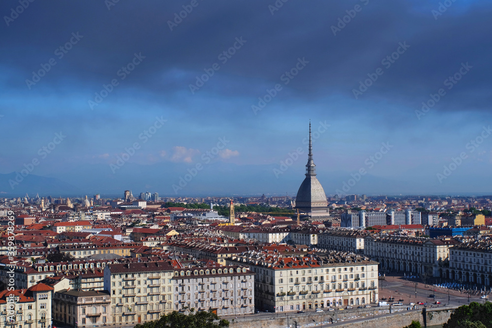 Turin landscape Mole antinelliana with smoke