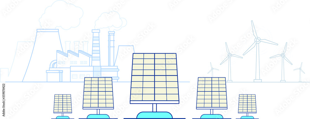 solar batteries, in the background is the wind turbine and the plant that emits smoke,illustration,vector. solar batteries, in the background is the wind turbine and the plant that emits smoke,illustration,vector.