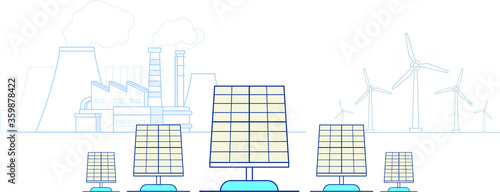 solar batteries, in the background is the wind turbine and the plant that emits smoke,illustration,vector.