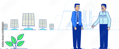 dialogue between two men, in the background are solar batteries and the plant that emits smoke,illustration,vector.