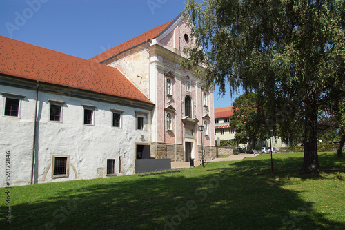 Dominican monastery established in the 13th century by the Dominican Order next to the Drava river and a castle in Ptuj. Slovenia. September 10, 2019:   