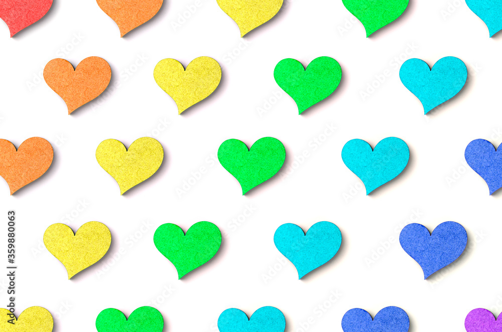 rainbow wooden heart pattern with shadow on white background rainbow wooden heart pattern with shadow on white background
