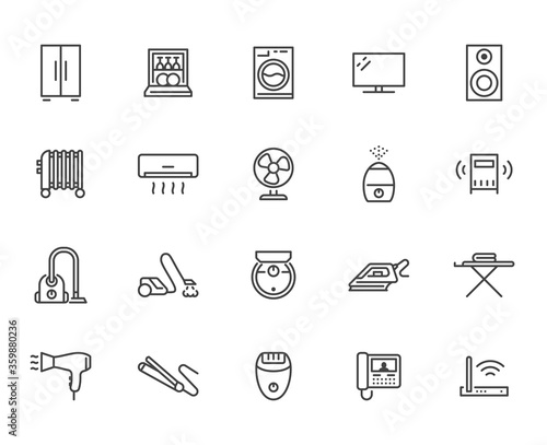Household appliance line icon set. Washing machine, humidifier robot vacuum cleaner, curling iron minimal vector illustration. Simple outline signs for electronics. Pixel Perfect Editable Stroke