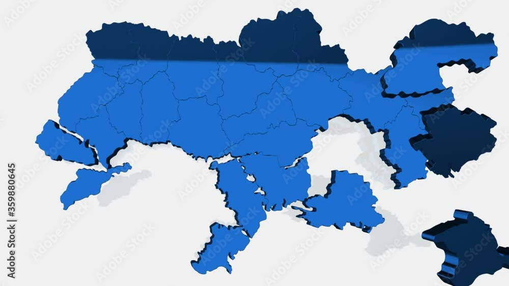 Map of Ukraine top view. Formed by individual states falling from top to random bottom on white background. 4K video clip. Map of Ukraine top view. Formed by individual states falling from top to random bottom on white background. 4K video clip.