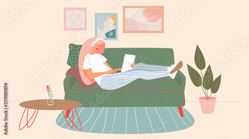 freelance concept.A woman sitting on her sofa and works on a laptop and listens to music on headphones.Stay at home concept.Modern apartment interior design.Frames on a wall and house plant. vector