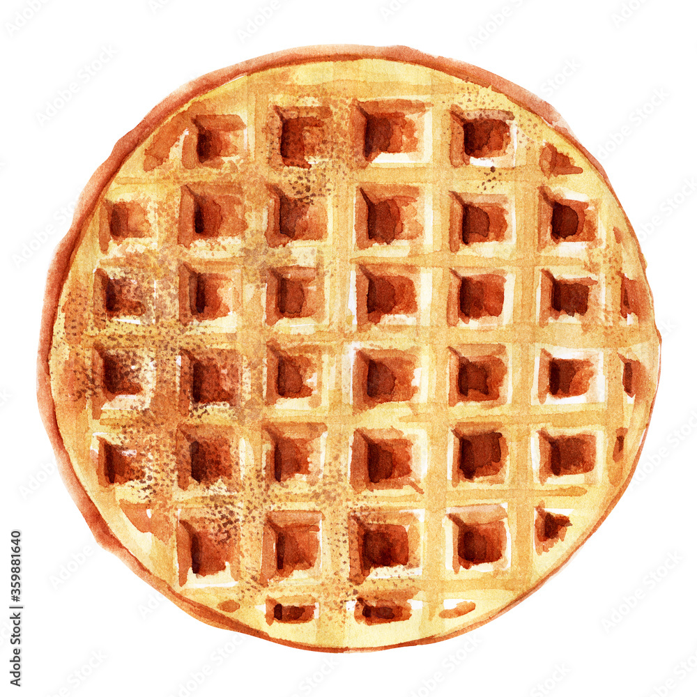 Watercolor illustration with wafers of various shapes. Heart waffles, square waffles, and round