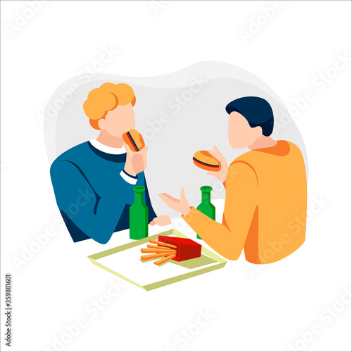 Two happy friends eating fast food meal in cafe. Men talking and having lunch burgers, fries and drinking beer. Male characters sitting in restaurant and have conversation. Flat vector illustration