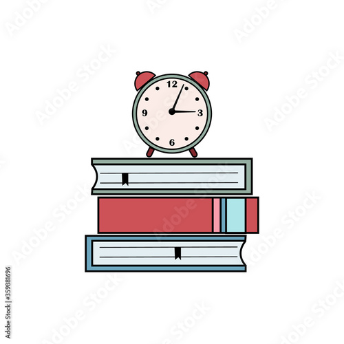 alarm clock stands on books, time to read, color vector illustration in flat style, icon, design, decoration