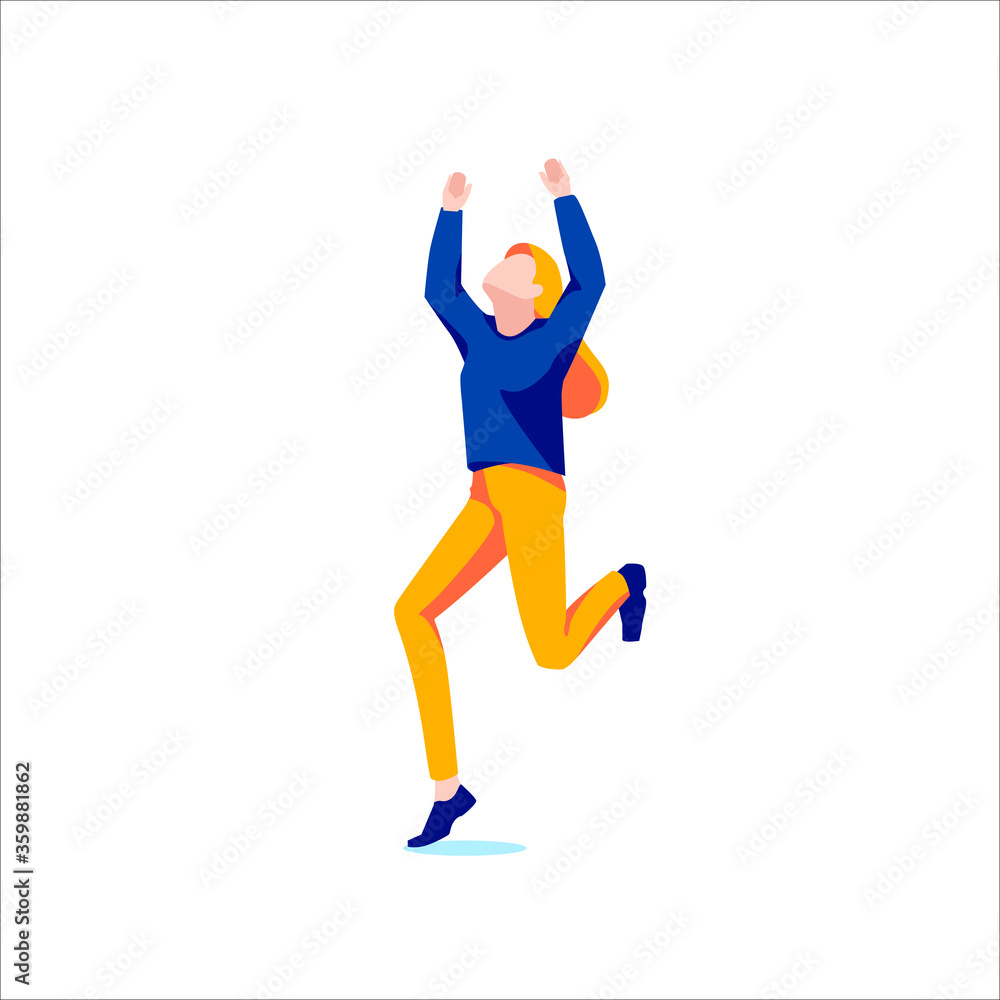 Happy business woman jumping and celebrating, isolated on white background. Business and finance successful girl. Female character in trendy style. Office worker or secretary. Flat vector illustration Happy business woman jumping and celebrating, isolated on white background. Business and finance successful girl. Female character in trendy style. Office worker or secretary. Flat vector illustration