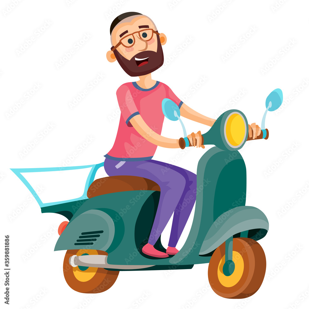 man with a beard and glasses riding a scooter, isolated object on a white background, vector illustration, man with a beard and glasses riding a scooter, isolated object on a white background, vector illustration,