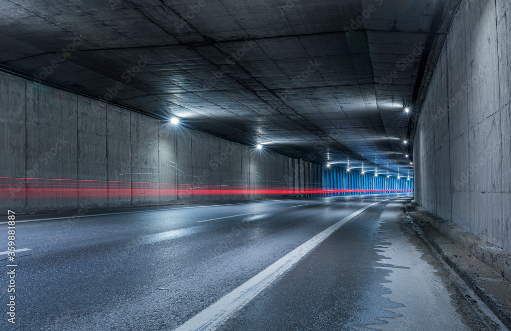 Highway tunnel. Interior of an urban tunnel without traffic.