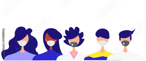 Humans with protective masks flat vector illustrations set. Group of humans wearing medical masks to prevent disease, flu, air pollution, contaminated air, world pollution