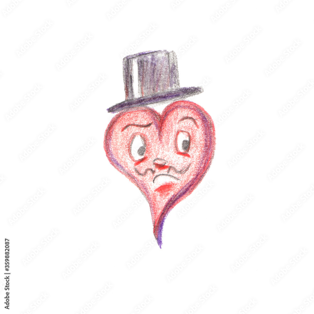 Hand drawn illustration with pensive cartoon heart in black hat.