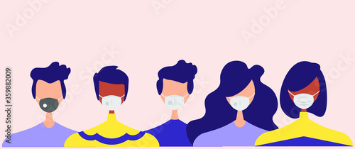 Humans with protective masks flat vector illustrations set. Group of humans wearing medical masks to prevent disease, flu, air pollution, contaminated air, world pollution