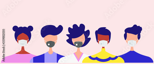 Humans with protective masks flat vector illustrations set. Group of humans wearing medical masks to prevent disease, flu, air pollution, contaminated air, world pollution