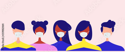 Humans with protective masks flat vector illustrations set. Group of humans wearing medical masks to prevent disease, flu, air pollution, contaminated air, world pollution