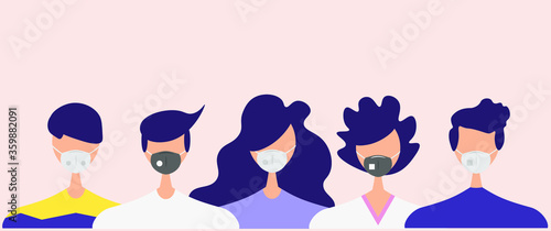 Humans with protective masks flat vector illustrations set. Group of humans wearing medical masks to prevent disease, flu, air pollution, contaminated air, world pollution
