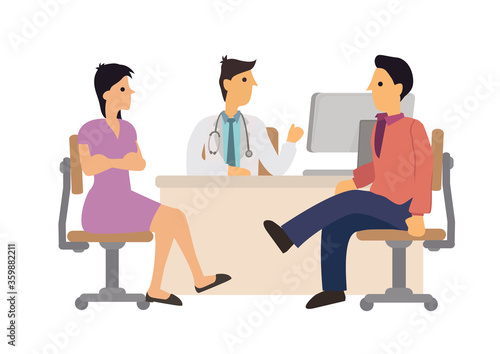 Doctor woman offering medical advices to a young couple in office. Medical care concept.