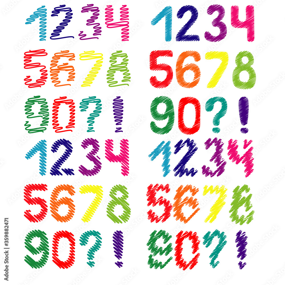 Vector illustration. Set of colorful hand-drawn numbers from zero to nine.